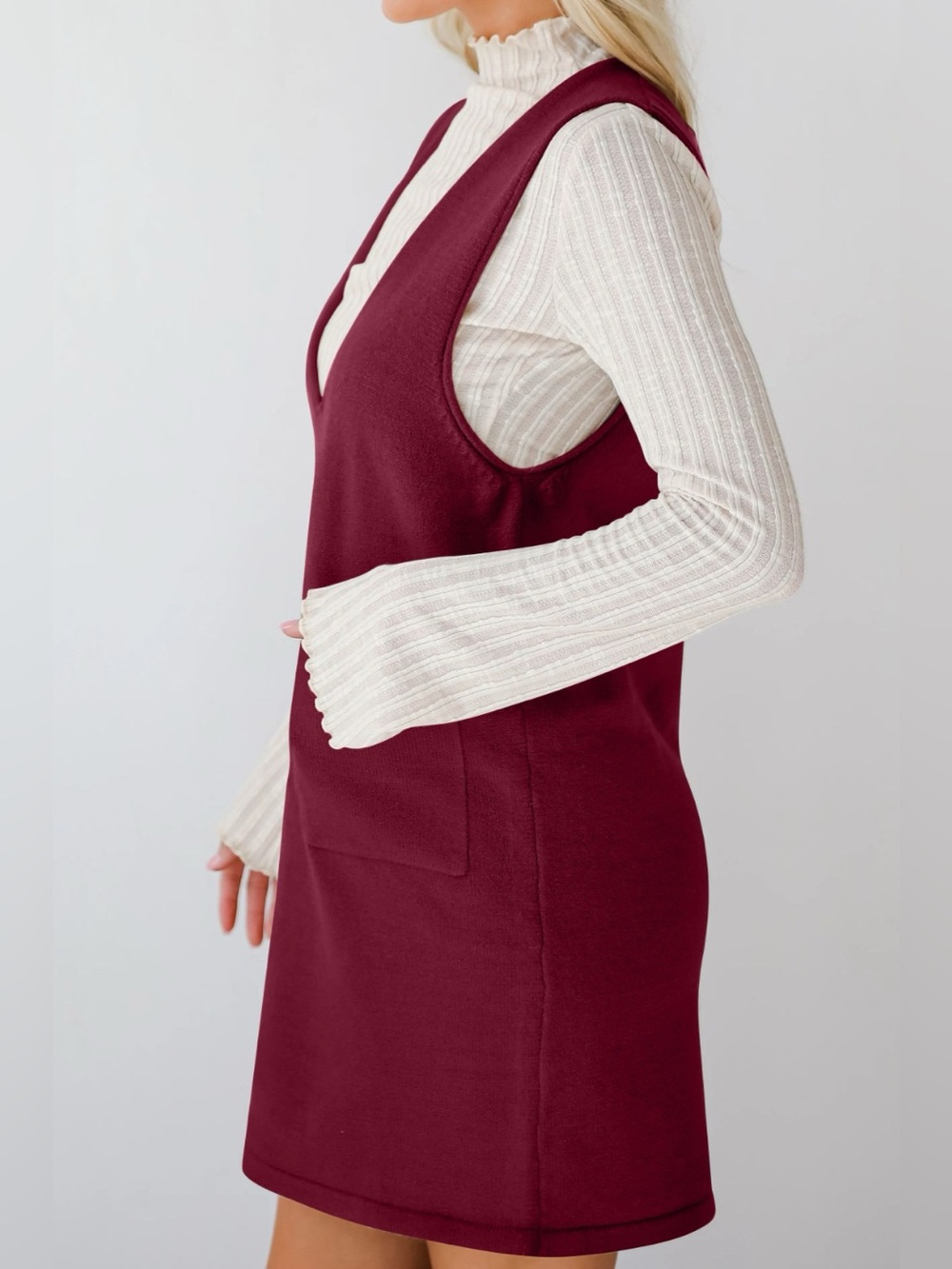 Lovelet Pocketed V-Neck Mini Sweater Overall Dress - Picture 5 of 16